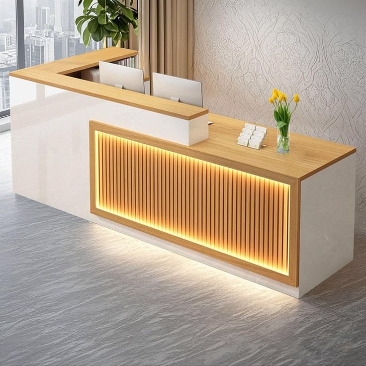 Guileb L-Shaped Reception Desk | Modern Front Office Counter with Storage & Professional Design