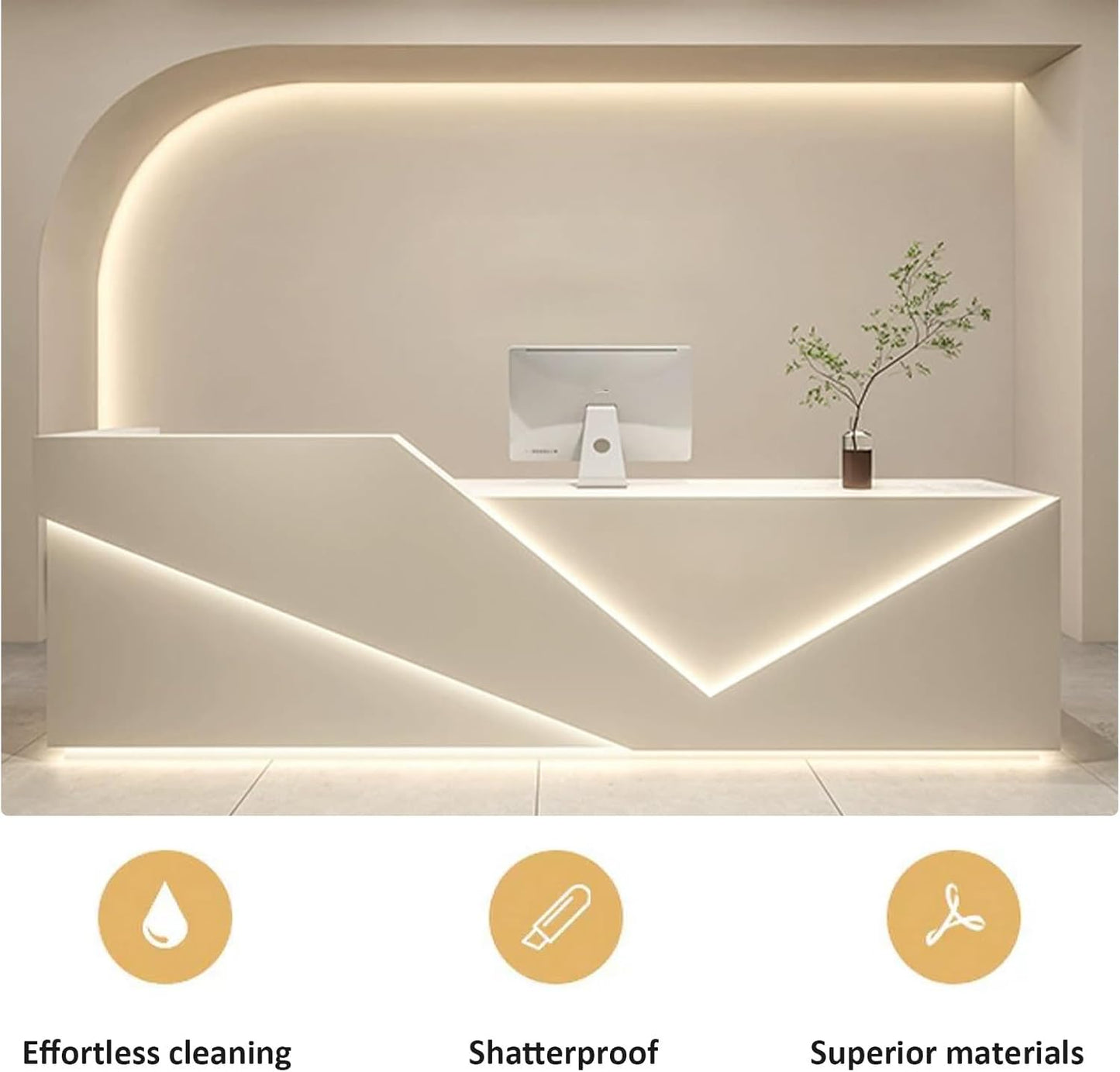 Luxurious Reception Desk | LED Light Strip Front Counter | Waterproof Finish & Partitioned Storage Office Reception Table