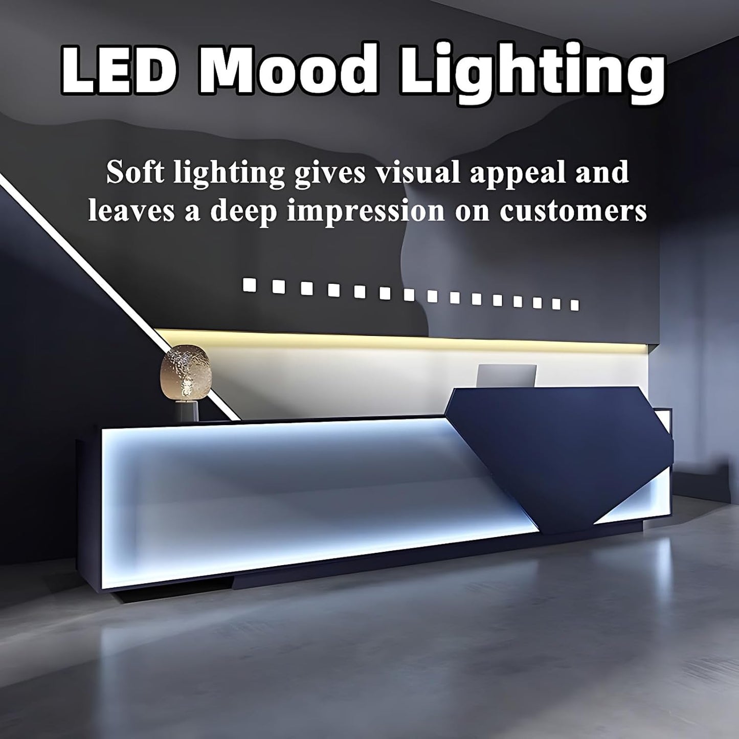 Modern Reception Desk 120" | White Front Counter with Hidden LED Light Strip, Solid Wood Construction & Spacious Storage