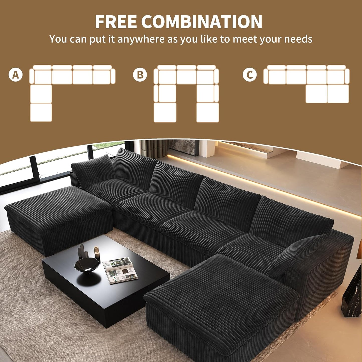 Dylan U Shape Sofa | Luxury Large Modern Sectional Sofa | Spacious Family Living Room U-Shape Couch