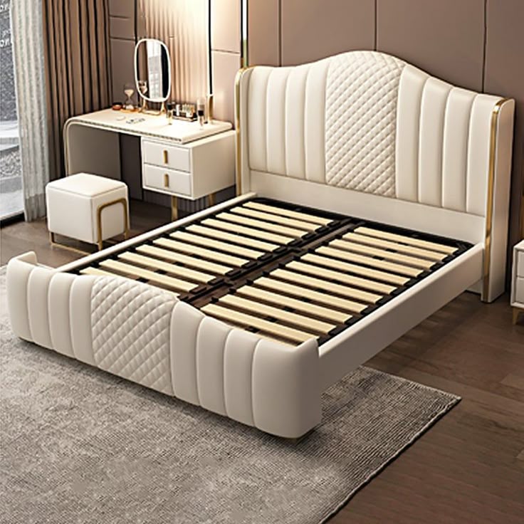 Glam Beige Camel Back Bed – Pine Wood & Metal Panel Frame